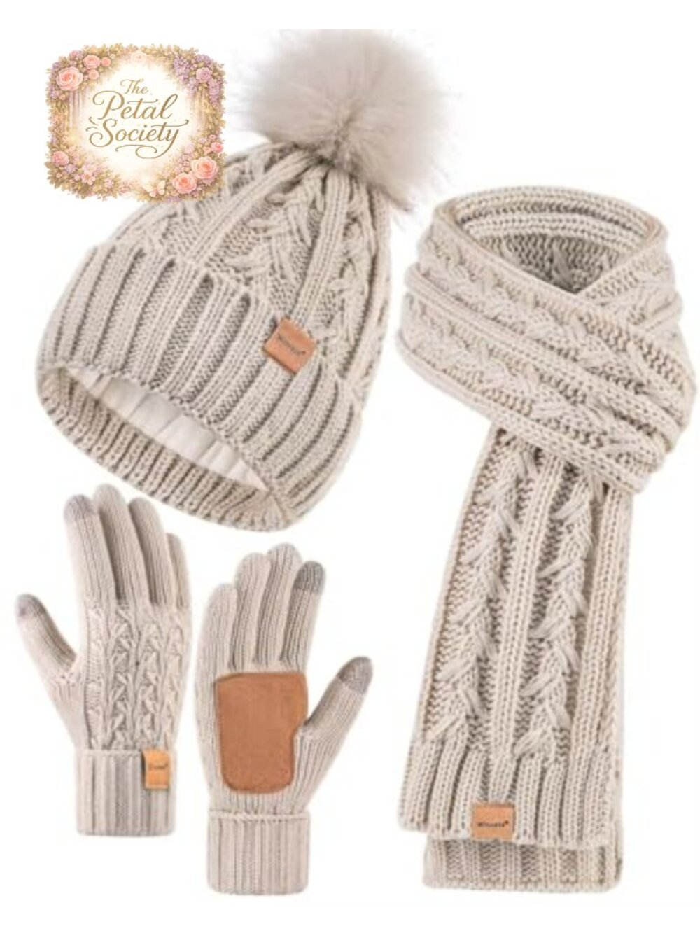 Womens Winter Beanie Scarf Gloves Set Fleece Lined Pom Pom Touchscreen